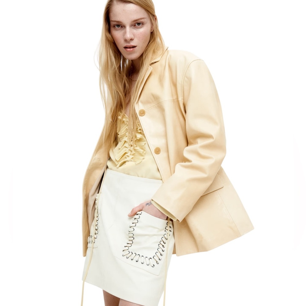H&M NWT Loose Fit Leather Jacket/Blazer in Light Beige Sz XS - Picture 2 of 13